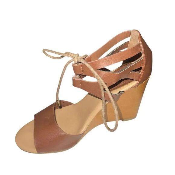 Bamboo Cognac Whimsical Wood Wedge Strappy Criss Cross Sandal Size 6 - Picture 1 of 12